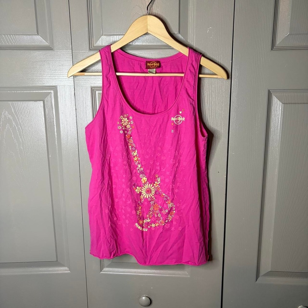 Hard Rock Cafe Honolulu Pink Floral Guitar Peace Sign Tank Top Womens XL Y2K